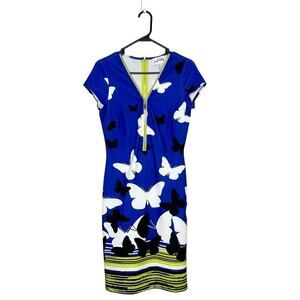 Joseph Ribkoff Butterfly Sheath Midi Dress Women's Blue Size 6